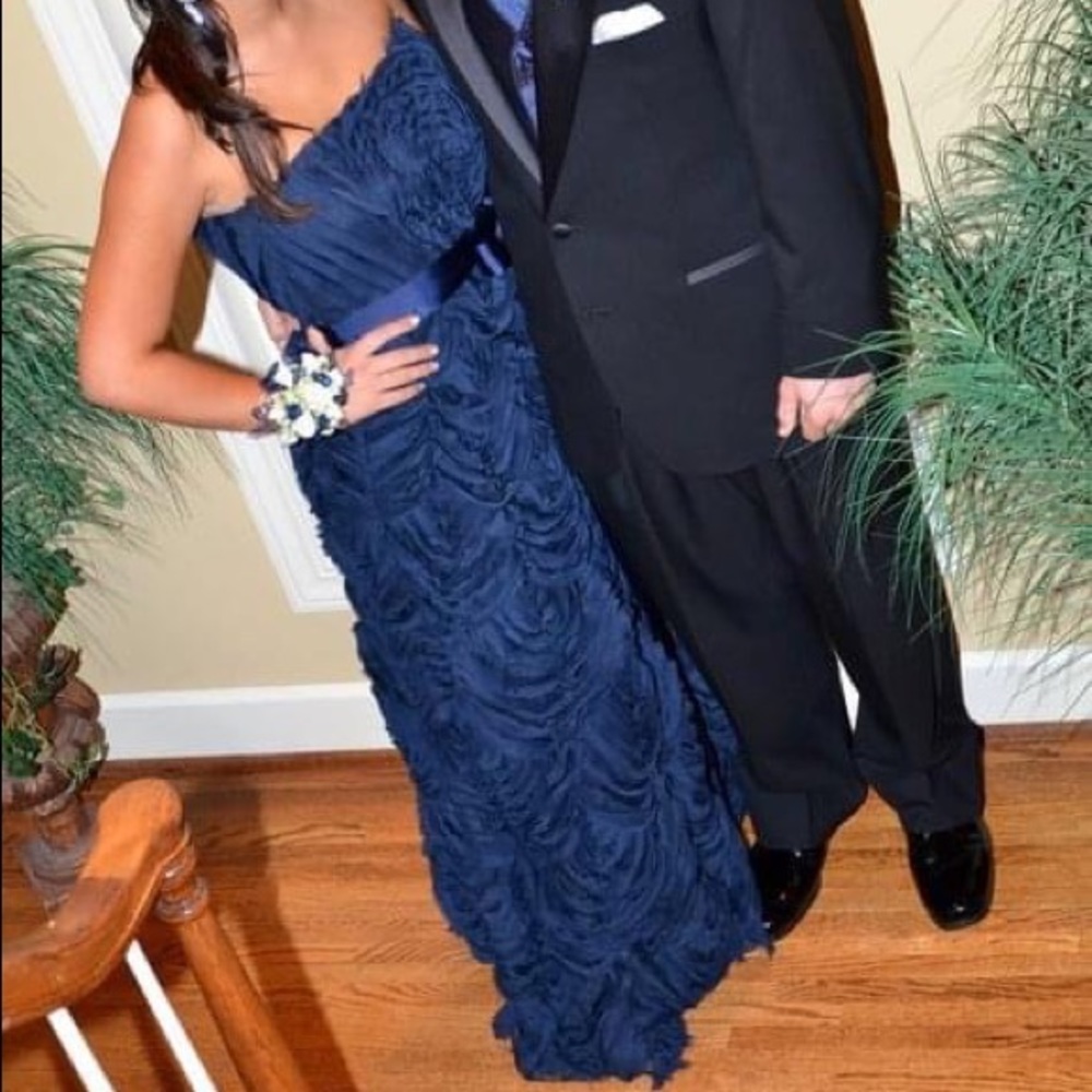 Tadashi Shoji Navy Blue Strapless Evening Gown